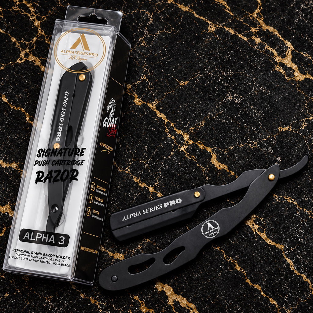 Alpha Series Pro Alpha 3 Execution swing-lock razor with retail packaging