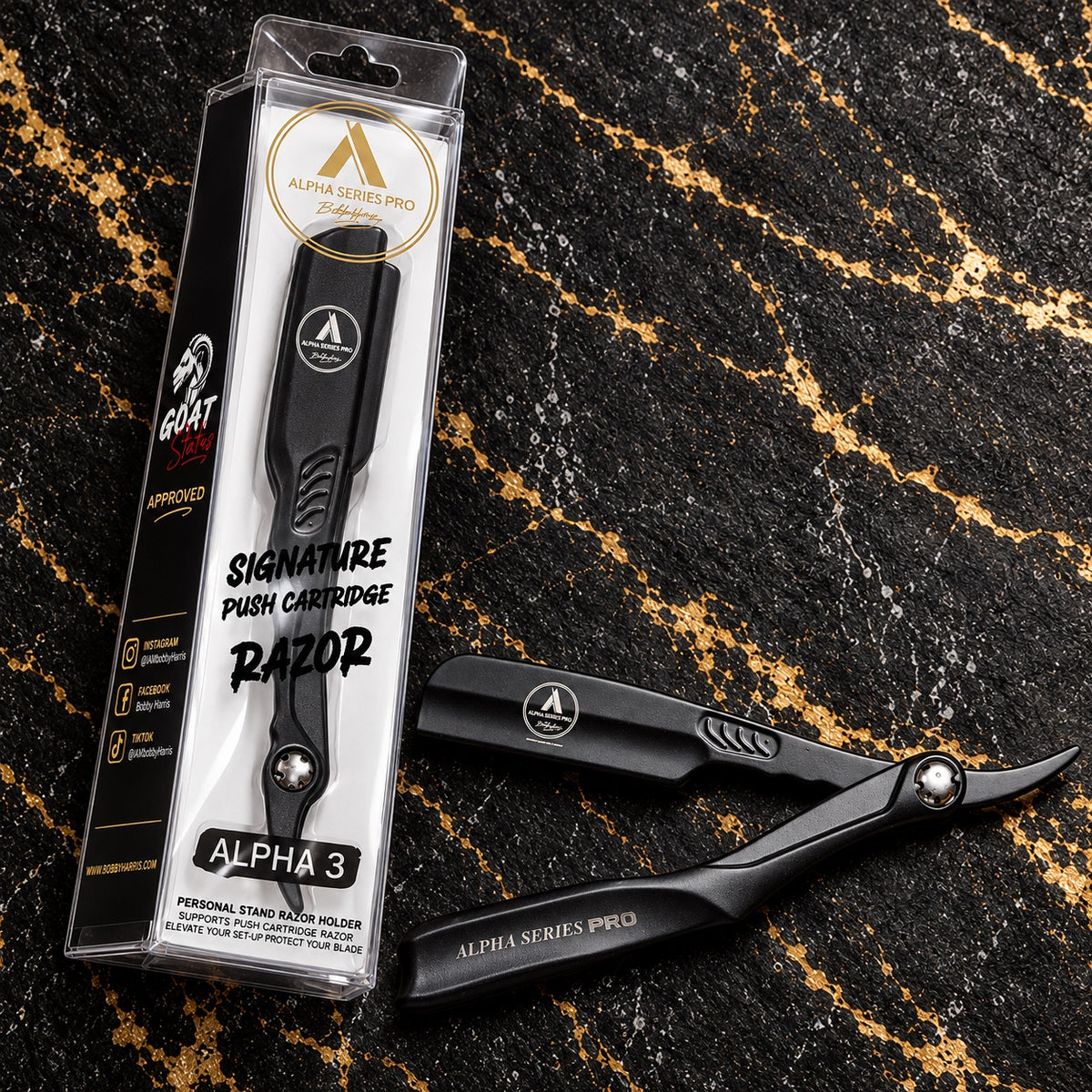 Alpha Series Pro Alpha 3 Pinch Style razor with retail packaging