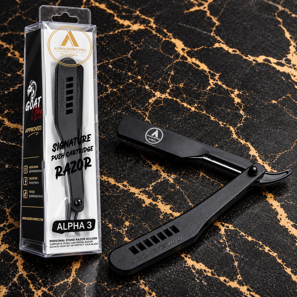 Alpha Series Pro Alpha 3 Plus black cartridge razor with retail packaging