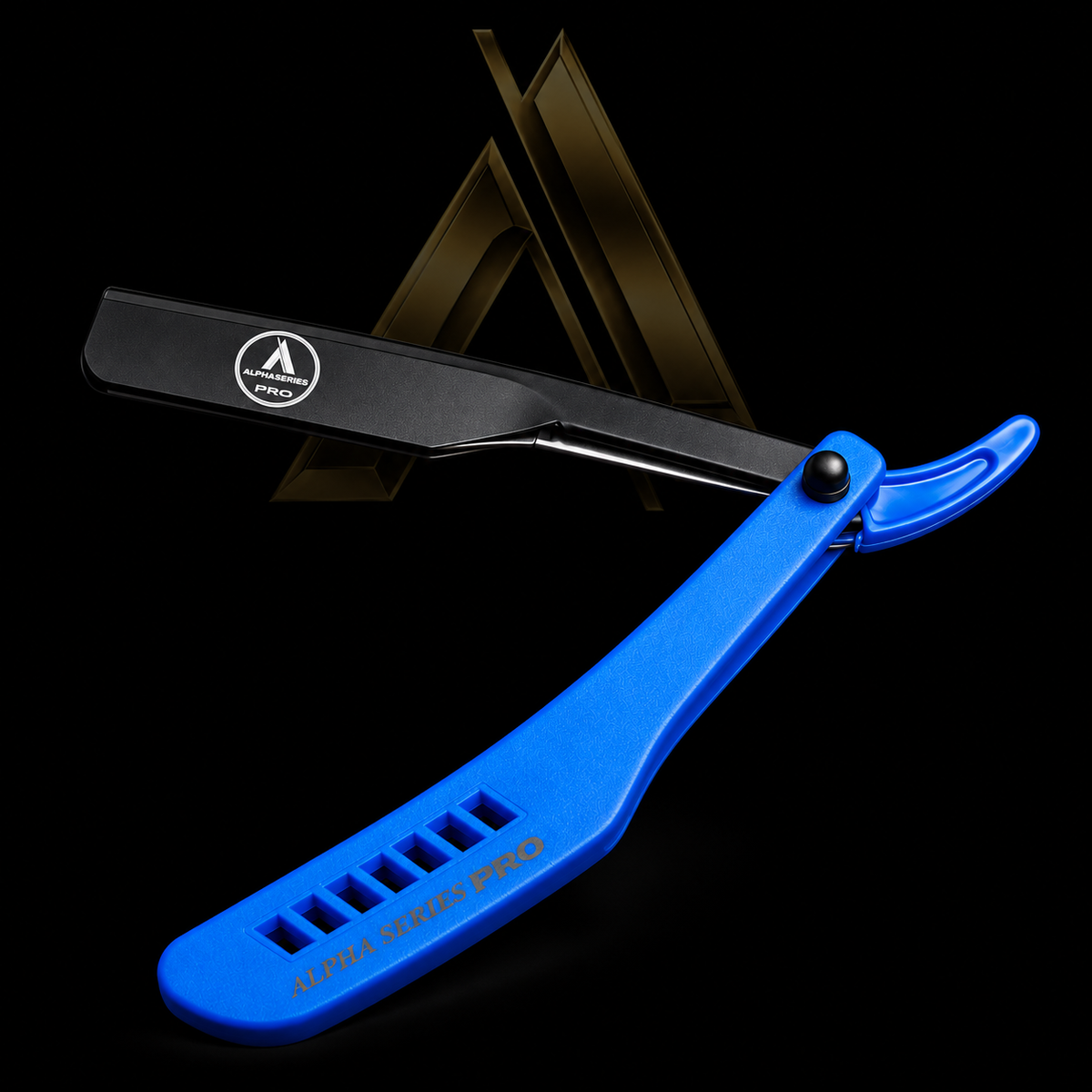 Alpha 3 Plus Cartridge Razor — Blue on a black Alpha Series Pro studio background