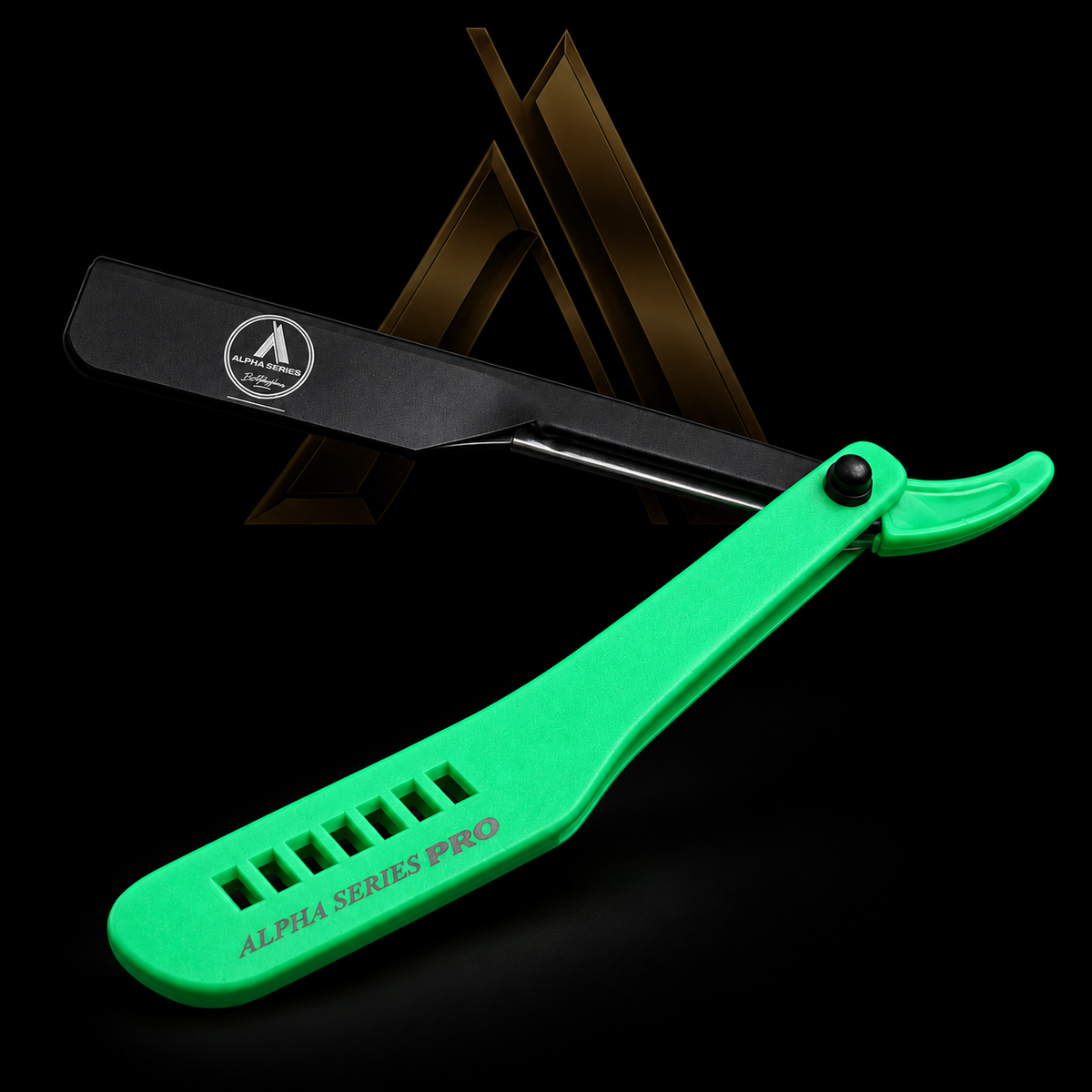 Alpha 3 Plus Cartridge Razor Green on a black Alpha Series Pro studio background