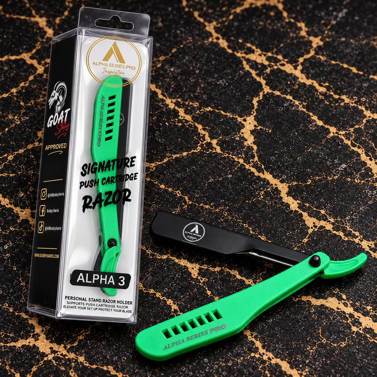 Alpha Series Pro Alpha 3 Plus green cartridge razor with retail packaging