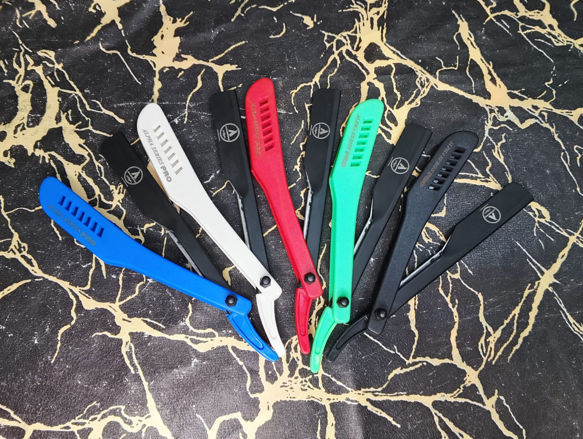 Alpha Series Pro razors in blue, white, red, green and black