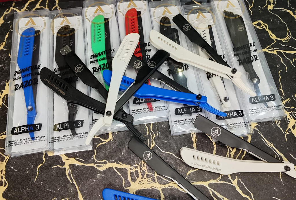 ALPHA 3 razor color lineup and signature retail packaging