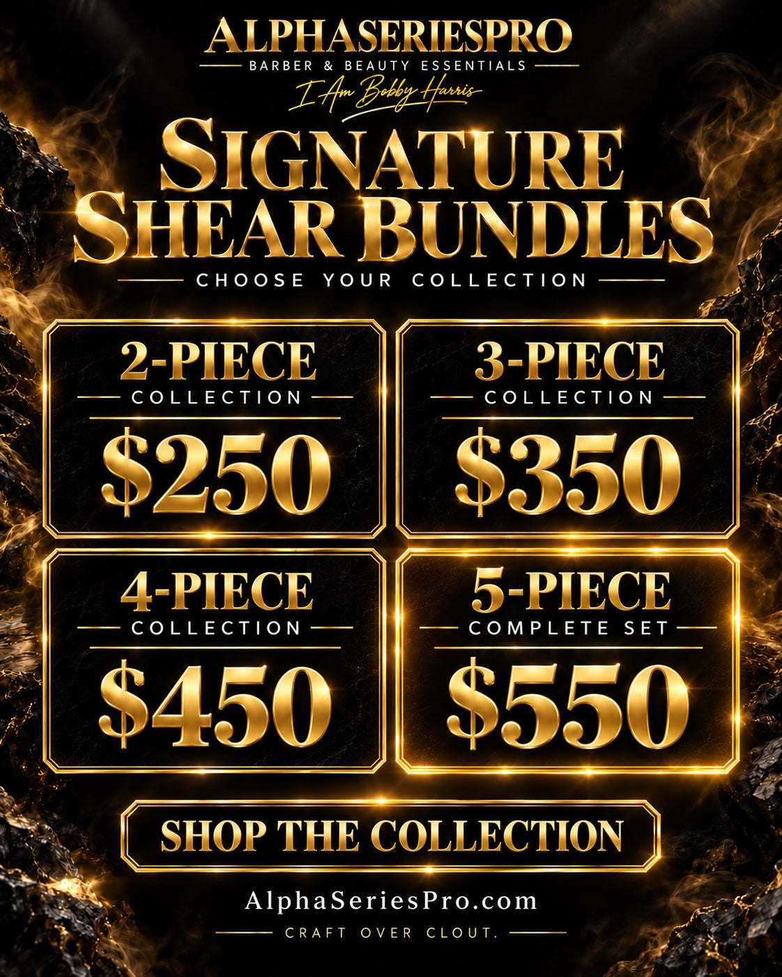 Alpha Shear Bundles — 2 pieces $250, 3 pieces $350, 4 pieces $450, 5 pieces $550