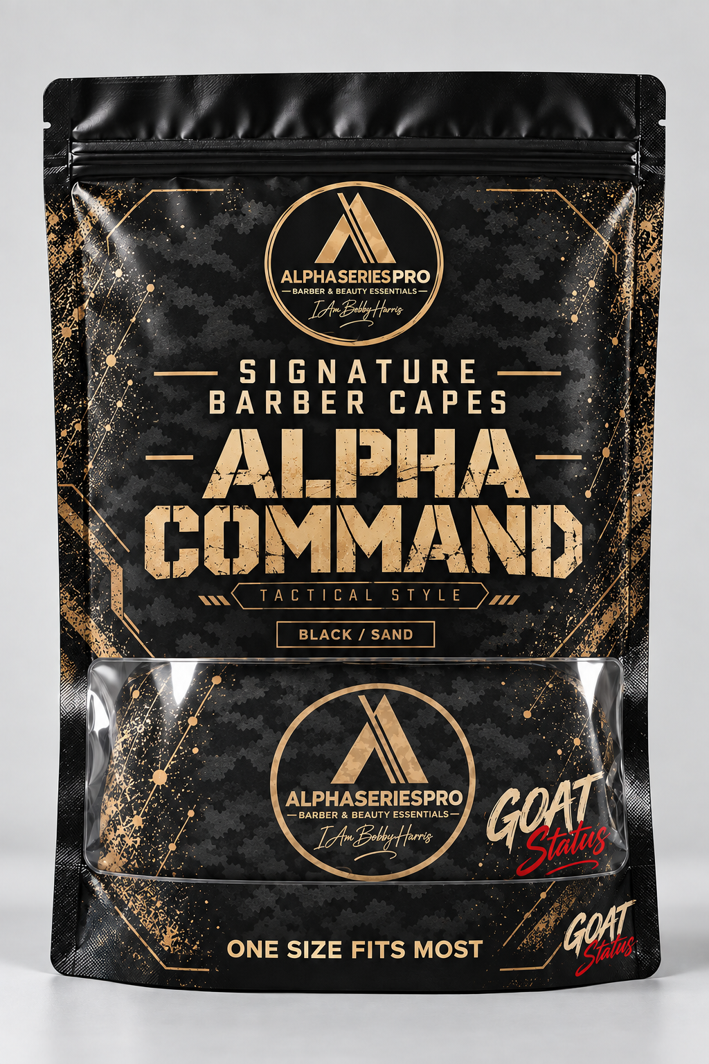 Alpha Command Signature Barber Cape packaging mockup — Black / Sand