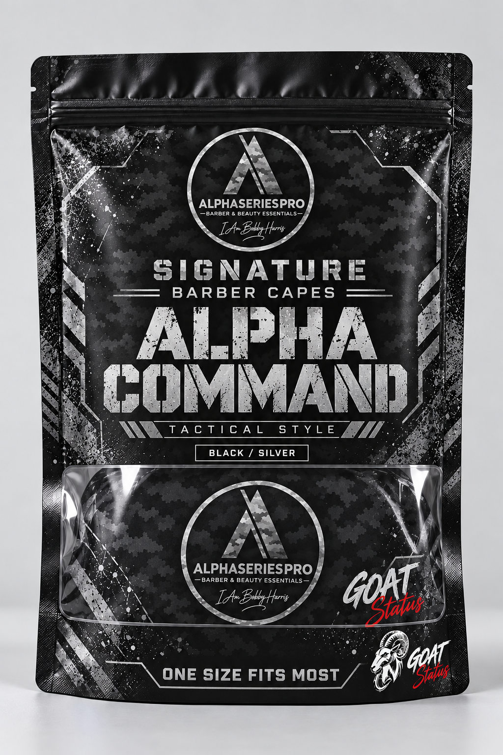 Alpha Command Signature Barber Cape packaging mockup — Black / Silver