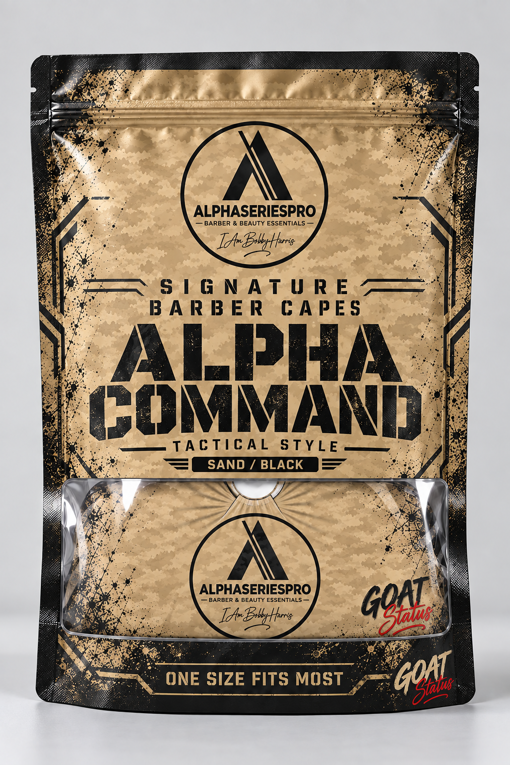 Alpha Command Signature Barber Cape packaging mockup — Sand / Black