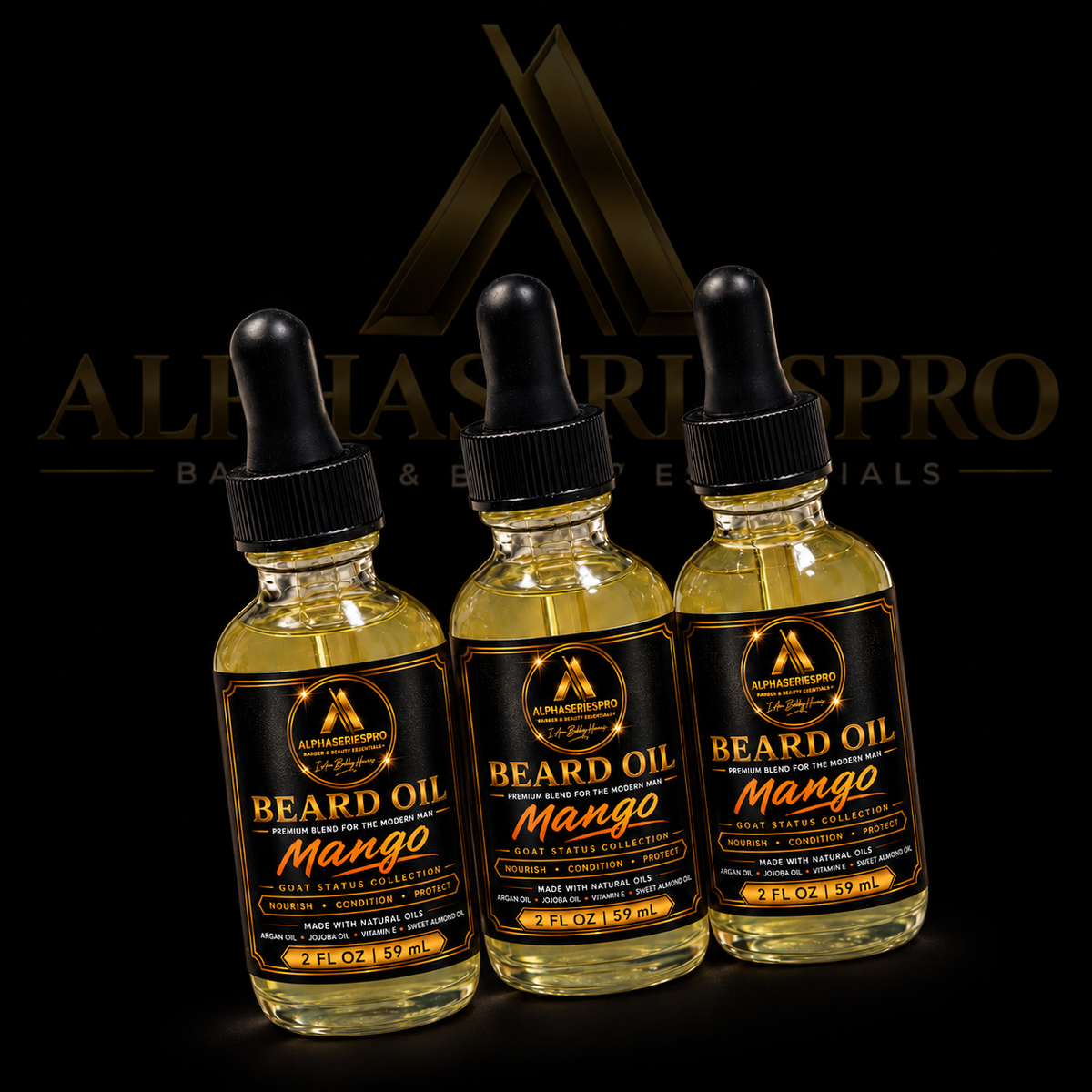 Beard Oil (Mango) on a black Alpha Series Pro studio background