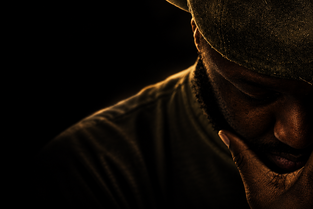 Dark silhouette portrait of Bobby Harris with subtle gold edge lighting