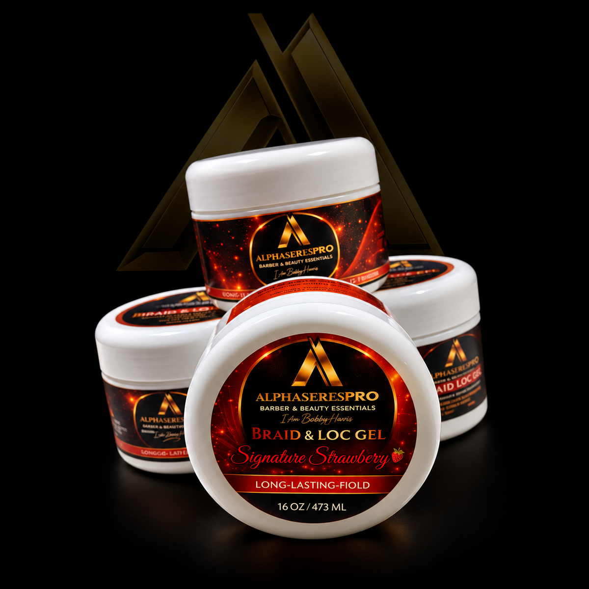 Braid & Loc Gel (Signature Strawberry) 8oz on a black Alpha Series Pro studio background