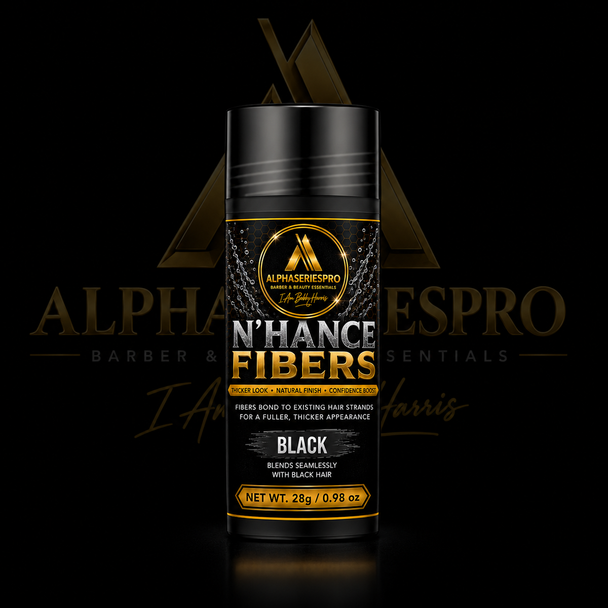 Hair Building Fibers (Black) on a black Alpha Series Pro studio background