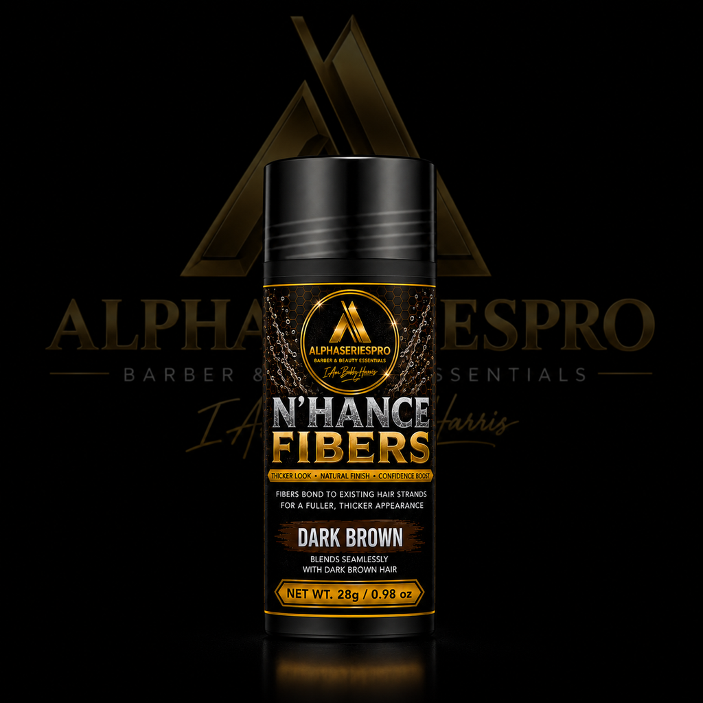 Hair Building Fibers (Dark Brown) on a black Alpha Series Pro studio background