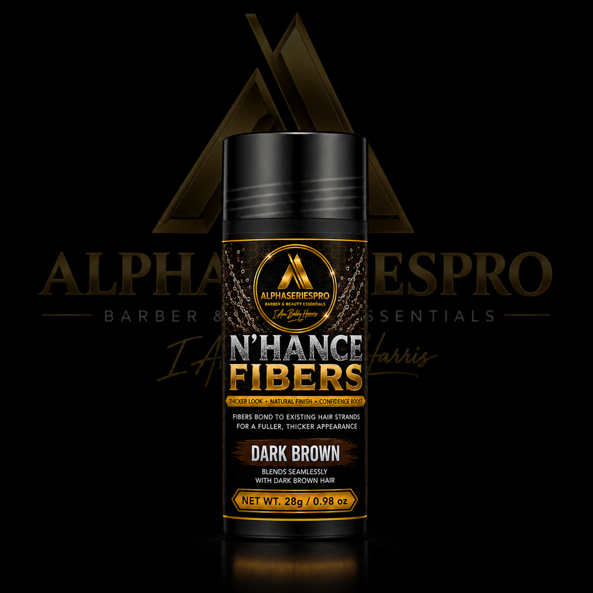 Hair Building Fibers (Dark Brown) on a black Alpha Series Pro studio background