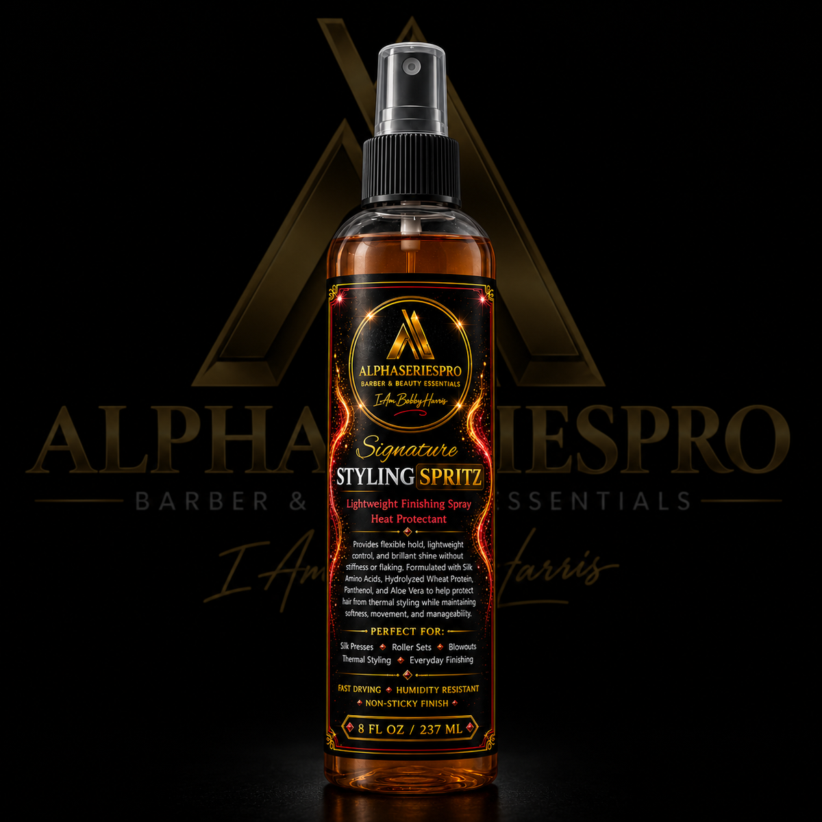 Holding Spray on a black Alpha Series Pro studio background