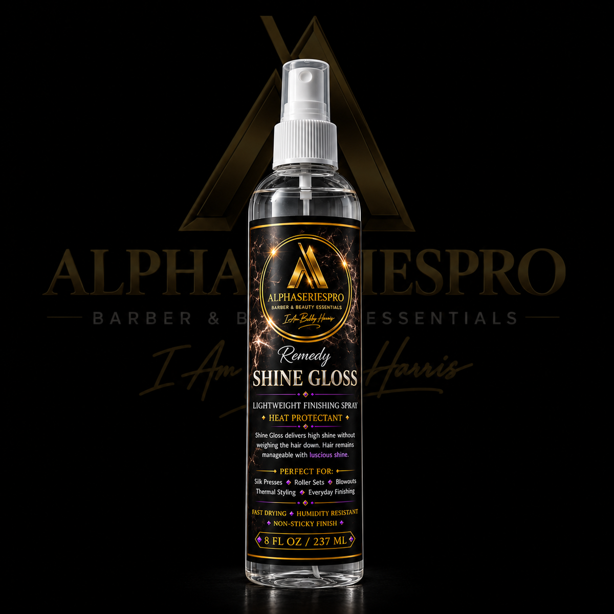 Remedy Shine Gloss Spray on a black Alpha Series Pro studio background