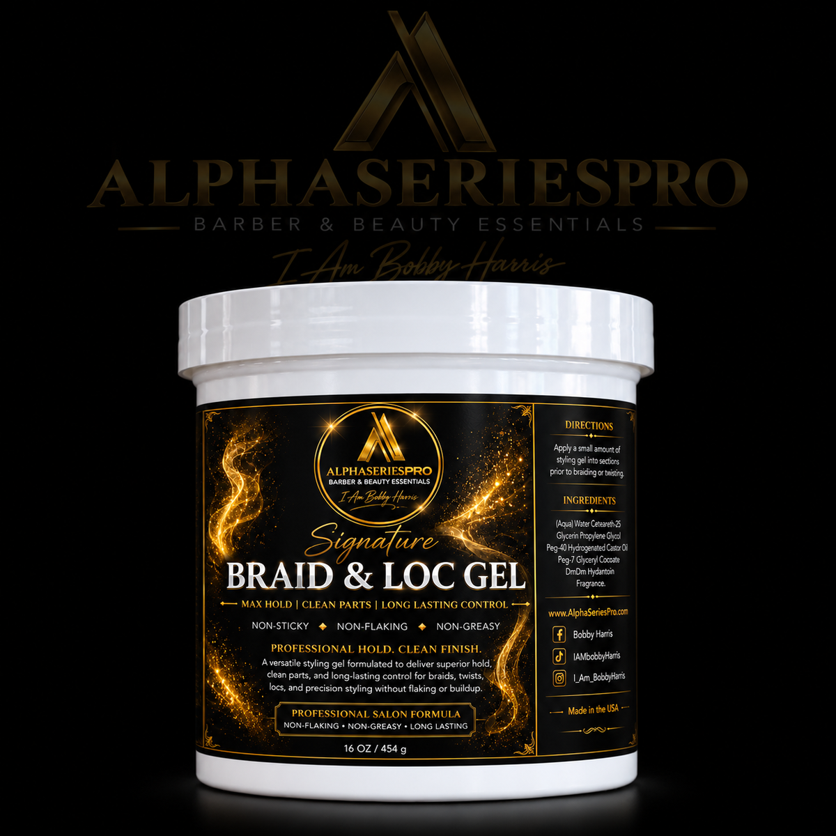 Limited Edition Braid & Loc Gel (16oz) on a black Alpha Series Pro studio background