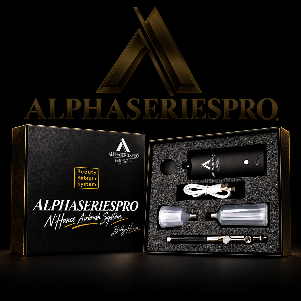N’Hance Airbrush System on a black Alpha Series Pro studio background