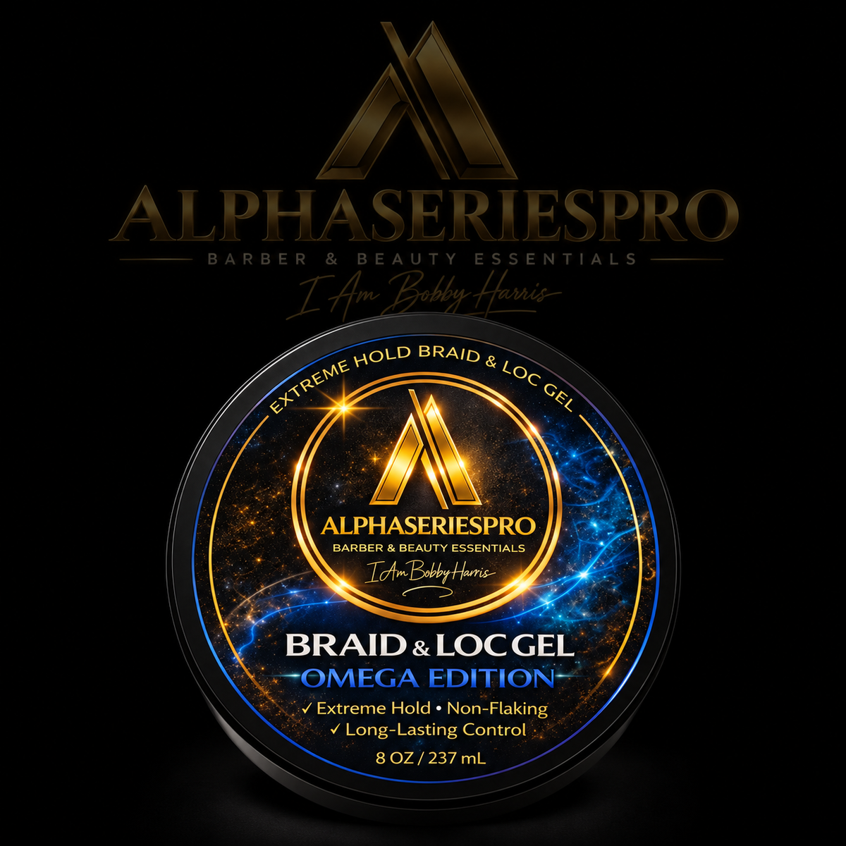 Omega Braid & Loc Gel (8oz) on a black Alpha Series Pro studio background