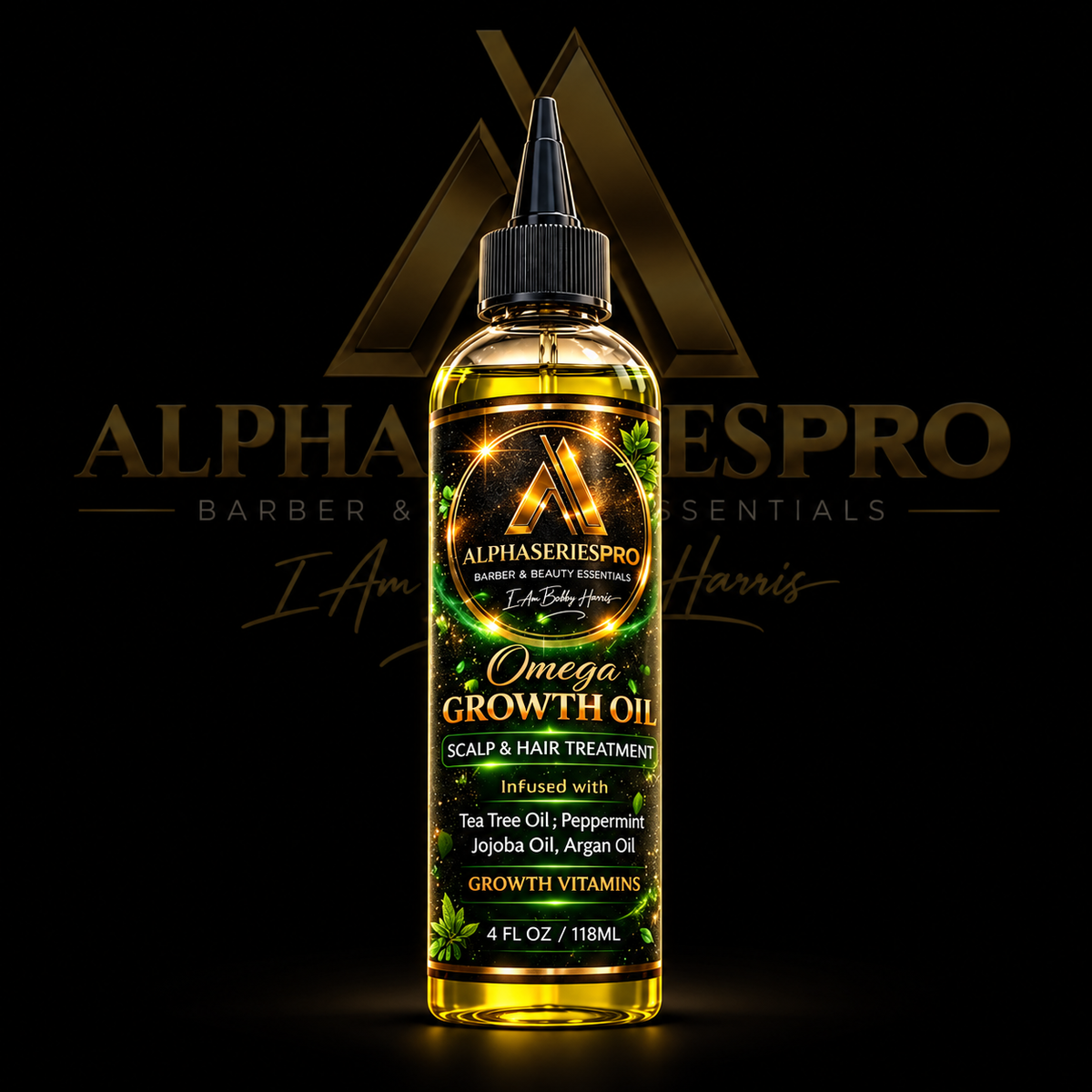 Omega Growth Oil 4oz on a black Alpha Series Pro studio background