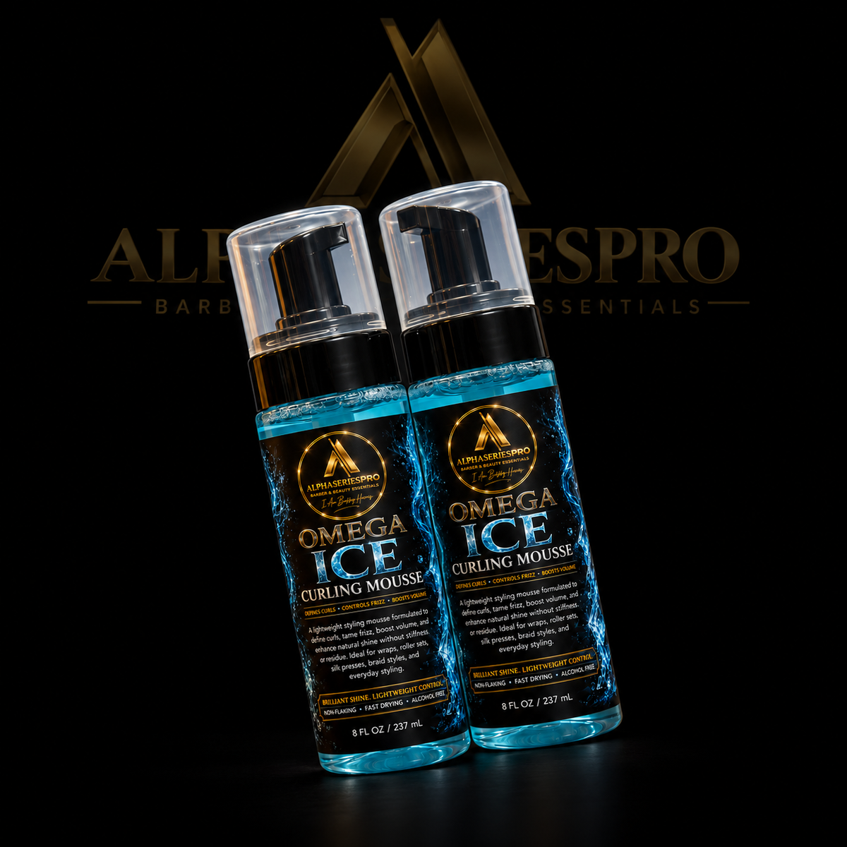 Omega Ice (Curling Mousse) on a black Alpha Series Pro studio background