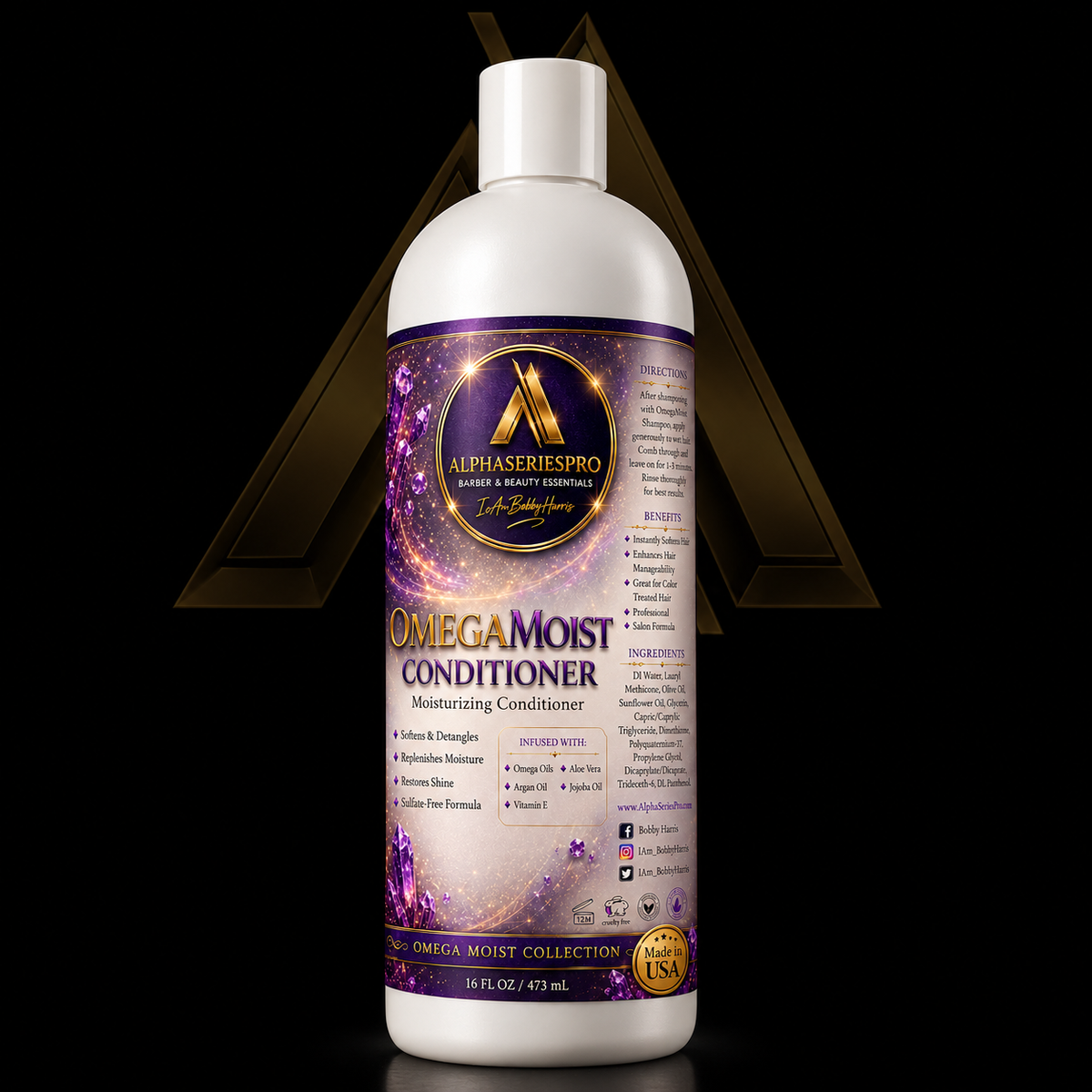 Omega Moist Collection Conditioner 16oz on a black Alpha Series Pro studio background