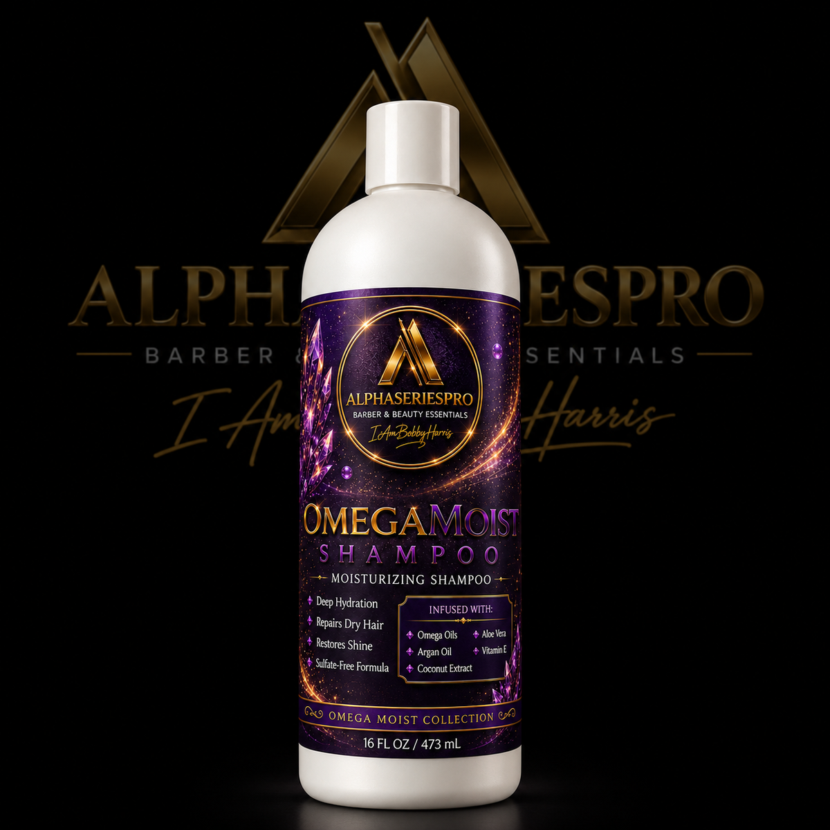 Omega Moist Collection Shampoo 16oz on a black Alpha Series Pro studio background