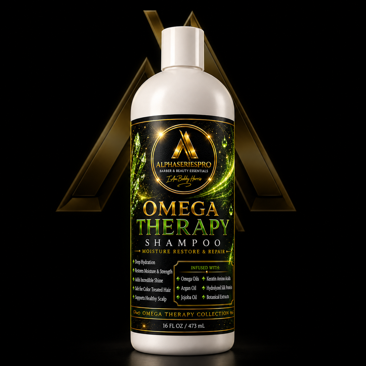 Omega Therapy Collection Shampoo 16oz on a black Alpha Series Pro studio background