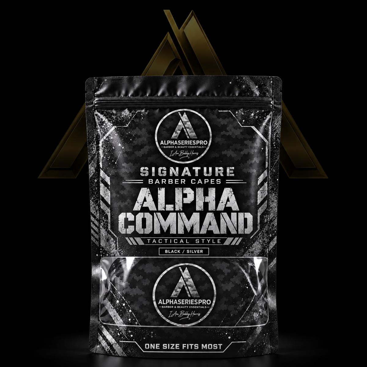 Alpha Command Signature Barber Cape — Black / Silver on a black Alpha Series Pro studio background