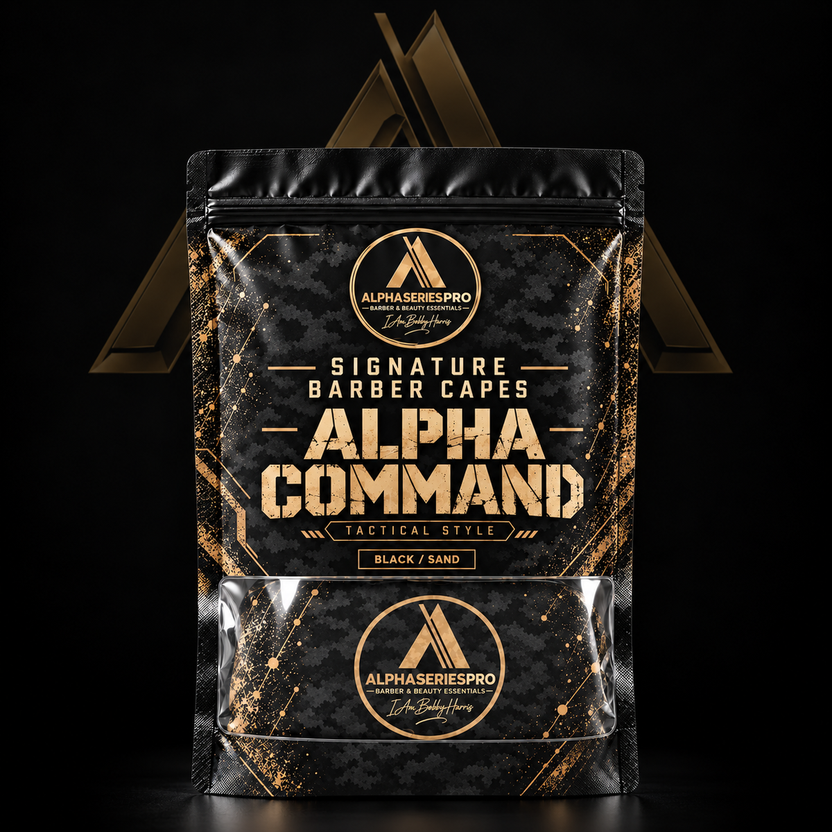 Alpha Command Signature Barber Cape — Black / Sand on a black Alpha Series Pro studio background