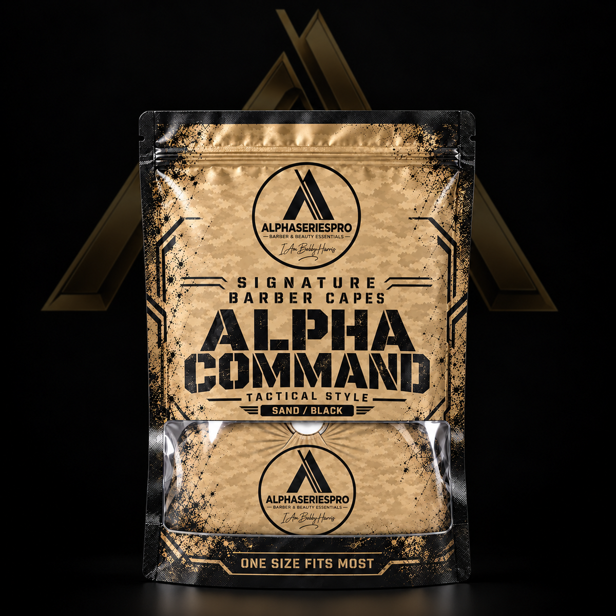 Alpha Command Signature Barber Cape — Sand / Black on a black Alpha Series Pro studio background