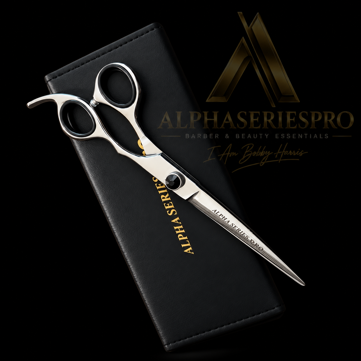 Signature Shear Collection (7” Straight Blade) on a black Alpha Series Pro studio background