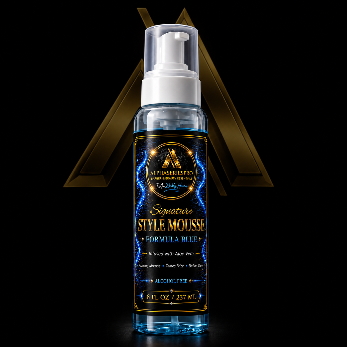 Style Mousse (Formula Blue) on a black Alpha Series Pro studio background