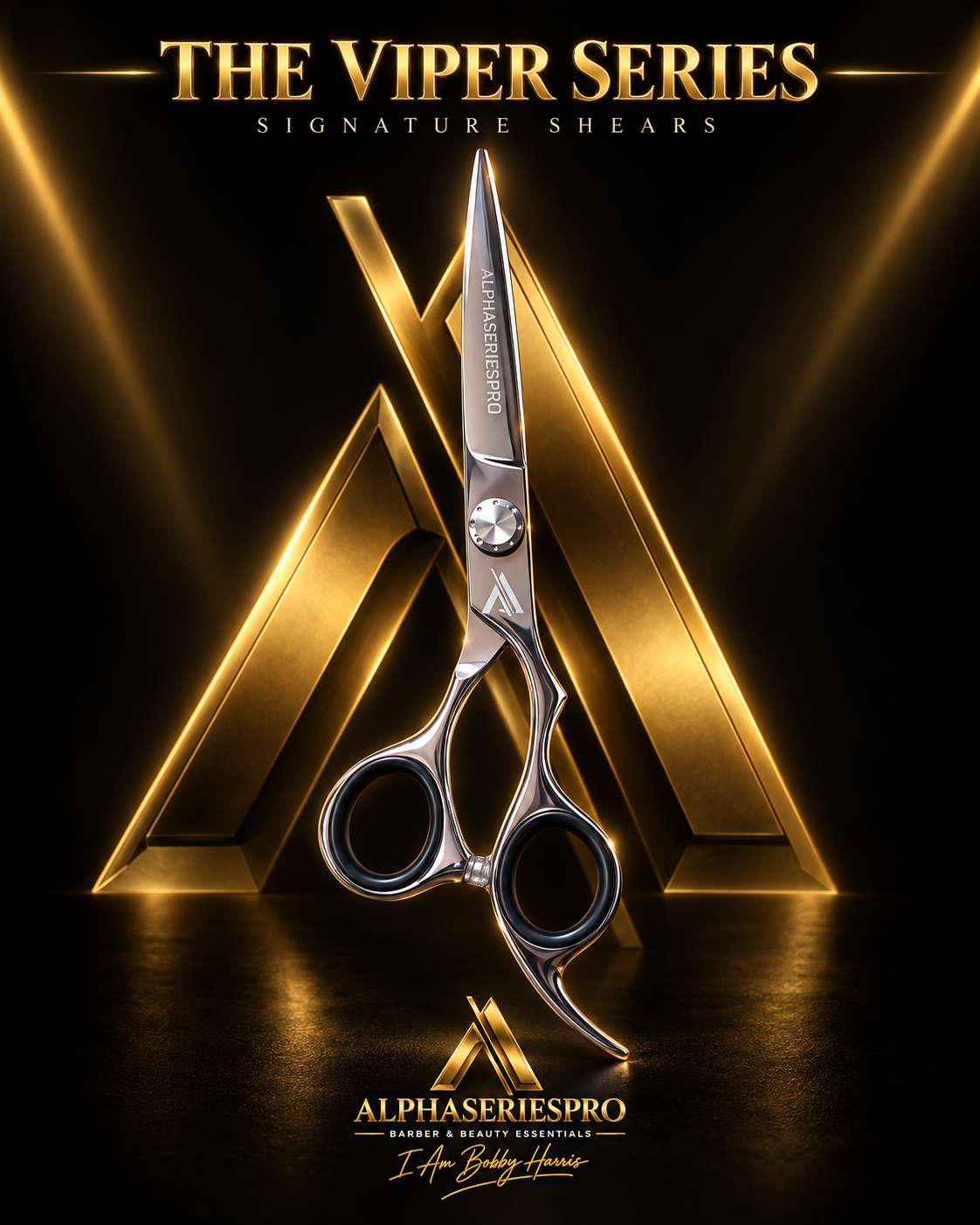AlphaSeriesPro The Viper Series Signature Shears with polished chrome handles and black finger inserts