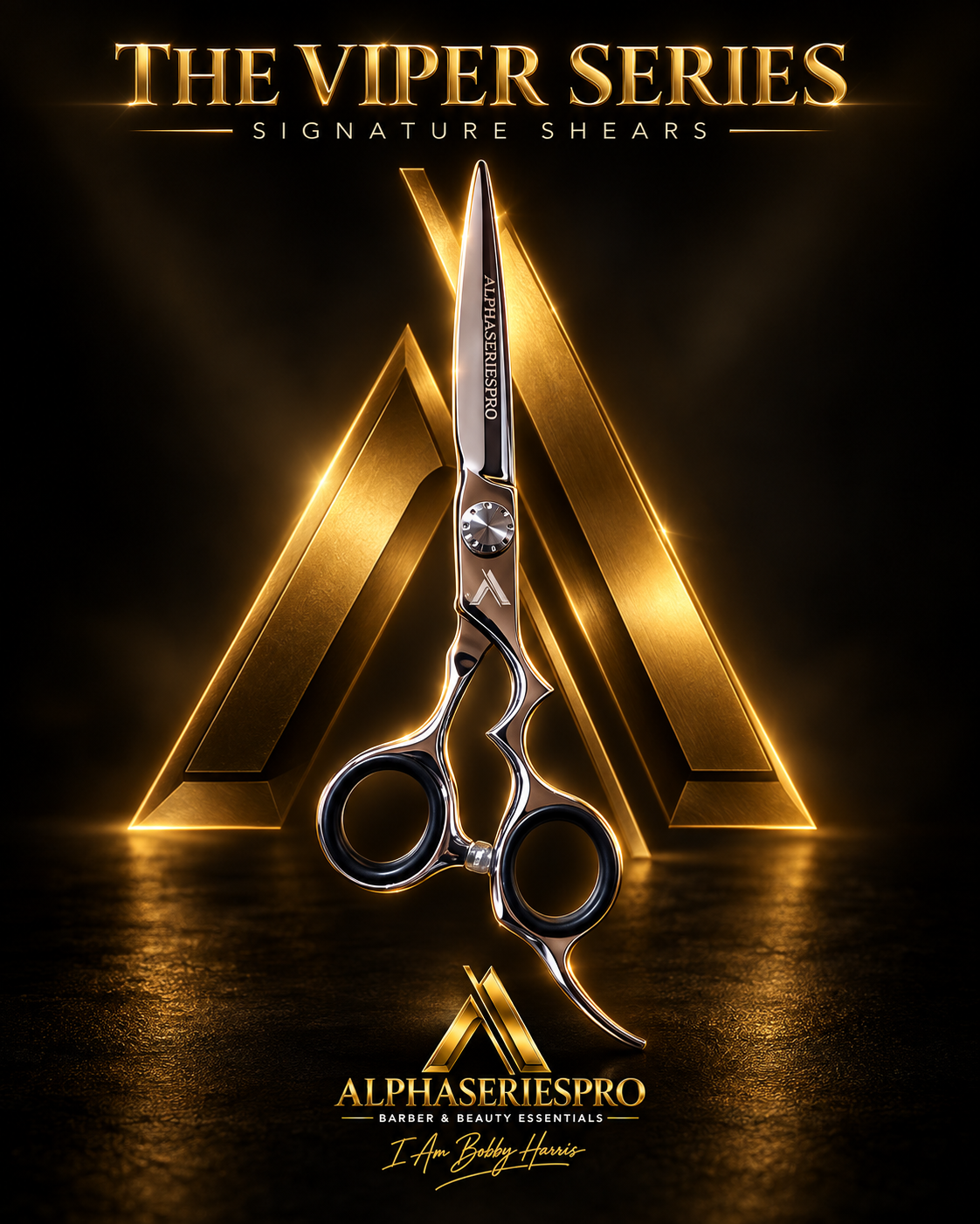 AlphaSeriesPro The Viper Series Signature Shears with polished chrome handles and black finger inserts